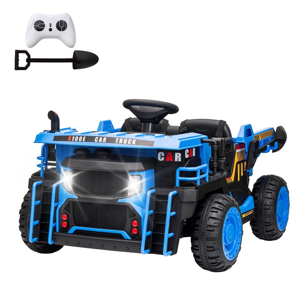 24V Kids Ride on Dump Truck with Electric Dump Bed, 2-Seater Electric Truck Car w/Remote Control, Shovel, Double Doors, 3 Speeds, Music, Horn, LED Lights for Kids-Blue