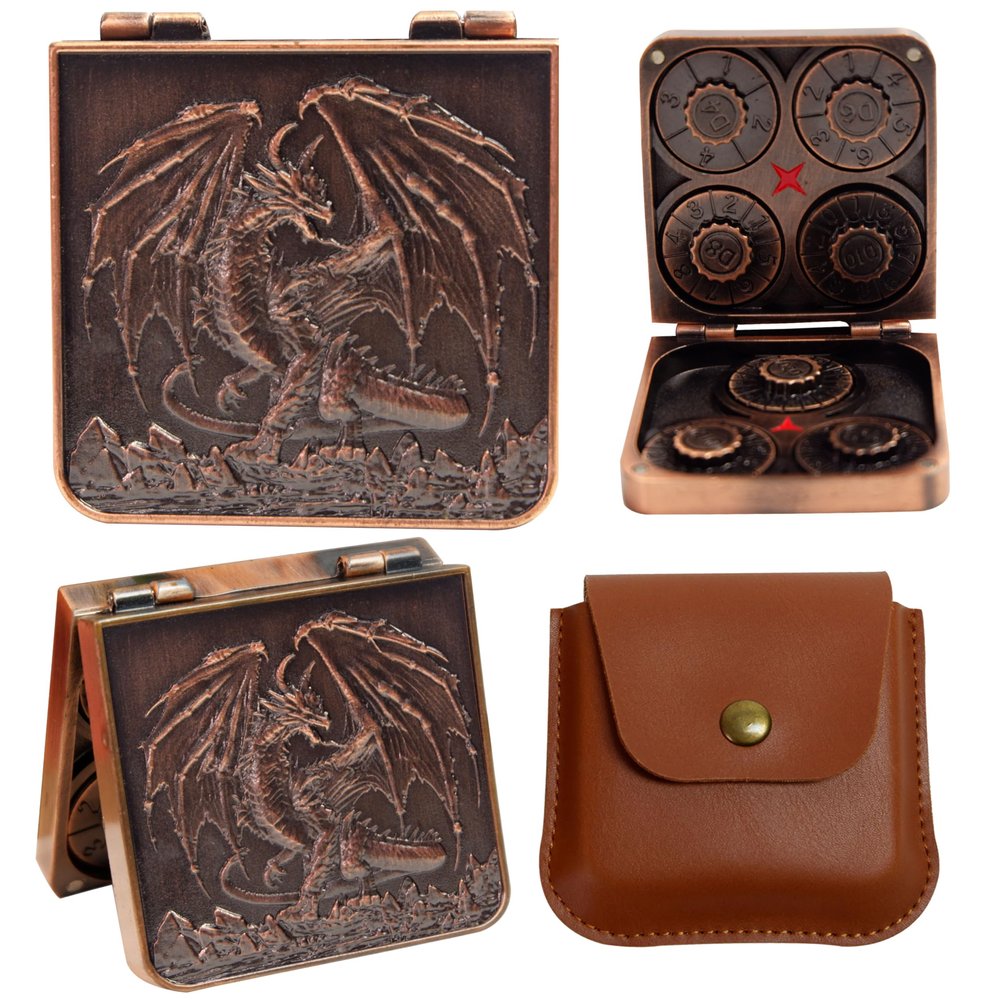 DND Pocket Flip Dice Set, D4 D6 D8 D10 D12 D20 D% 7 in 1Delicate Iron Box with Dragon Carvings,Foldable Spinner DND Dice with Leather Gift Bag for D&D,Sci-fi,War Theme Board Game-Vintage Copper