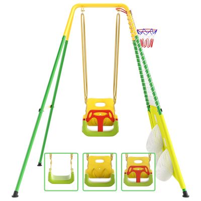 5 in 1 Toddler Swing Set Outdoor with Basketball Hoop,Soccer Goal,Multi-Functional Kids Swing Sets for Backyard,Indoor Baby Swing for Aged 6-36 Months,Light Yellow
