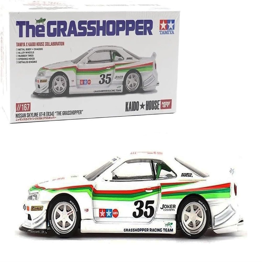 1:64 Diecast Model Car Compatible for Nissan Skyline GT-R (R34) Tamiya X Kaido House The Grasshopper V1 White Limited Edition by Kaido House x Mini GT KHMG167