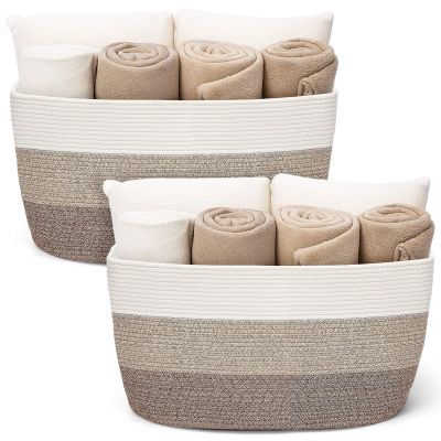 Acellegic 2 Pcs Large Cotton Rope Storage Baskets Rectangle Woven Blanket Basket with Handle 22" x 17" x 12" Baby Laundry Nursery Blanket for Living Room Cushions Toy Dirty Clothes(Gradient Yellow)