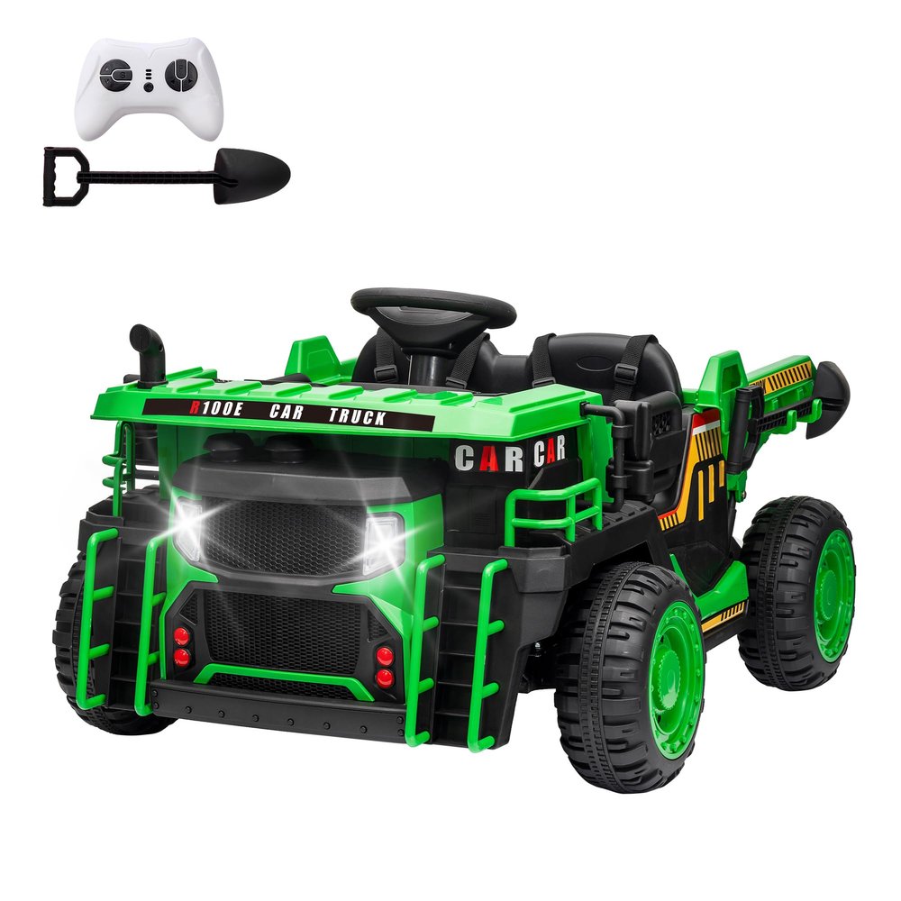 24V Kids Ride on Dump Truck with Electric Dump Bed, 2-Seater Electric Truck Car w/Remote Control, Shovel, Double Doors, 3 Speeds, Music, Horn, LED Lights for Kids-Green