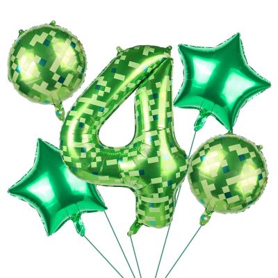 101.6cm/40in Green Pixel Number Balloon, Large Star & Round Shapes Foil Balloon for Boys Girls Kids Game Themed Birthday Party Decorations (Number 4)