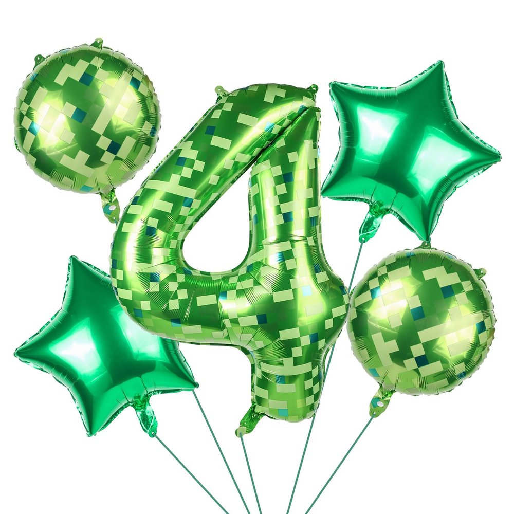101.6cm/40in Green Pixel Number Balloon, Large Star & Round Shapes Foil Balloon for Boys Girls Kids Game Themed Birthday Party Decorations (Number 4)