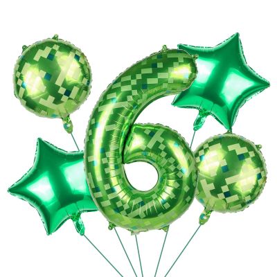 101.6cm/40in Green Pixel Number Balloon, Large Star & Round Shapes Foil Balloon for Boys Girls Kids Game Themed Birthday Party Decorations (Number 6)