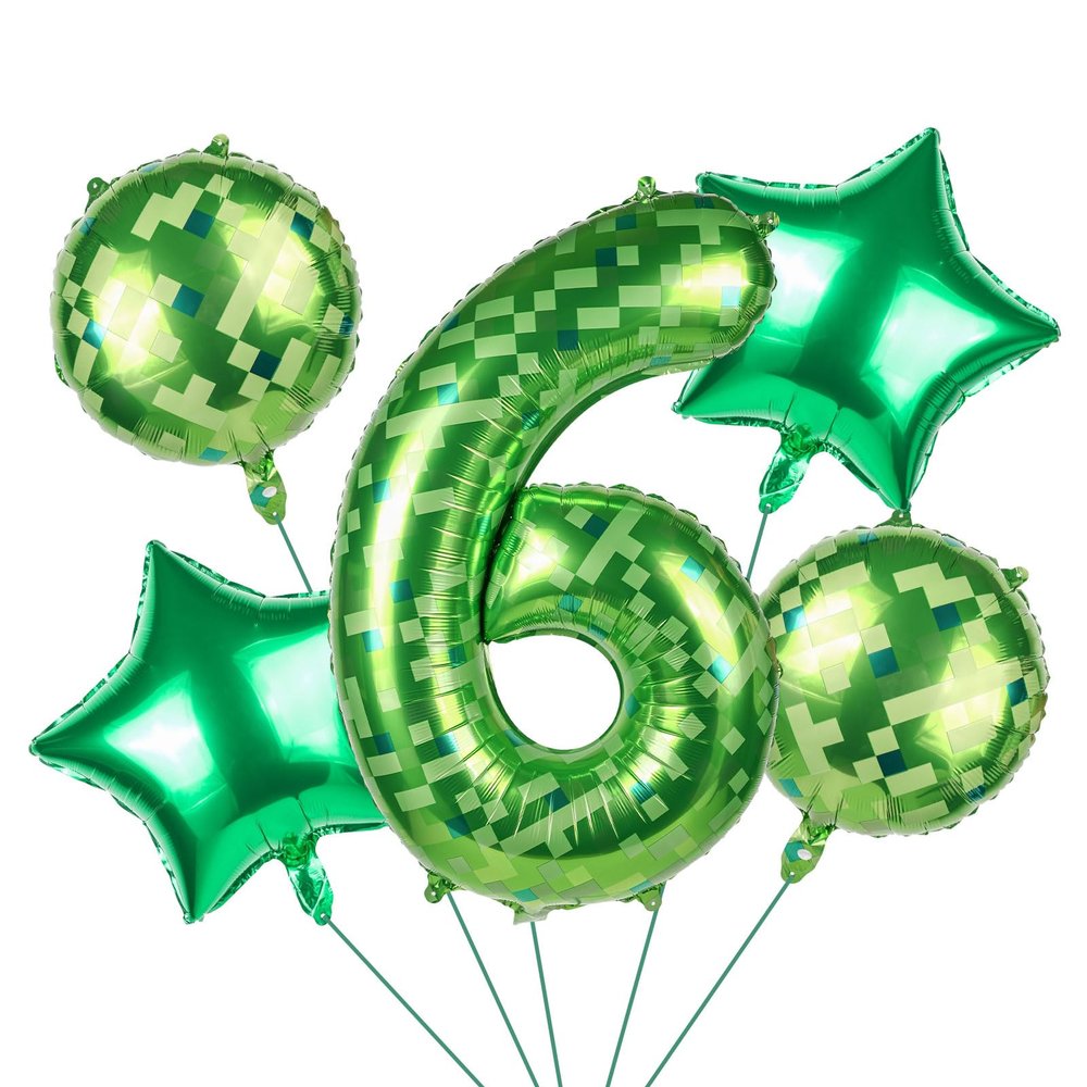 101.6cm/40in Green Pixel Number Balloon, Large Star & Round Shapes Foil Balloon for Boys Girls Kids Game Themed Birthday Party Decorations (Number 6)