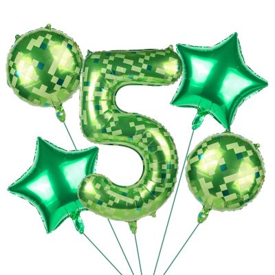 101.6cm/40in Green Pixel Number Balloon, Large Star & Round Shapes Foil Balloon for Boys Girls Kids Game Themed Birthday Party Decorations (Number 5)