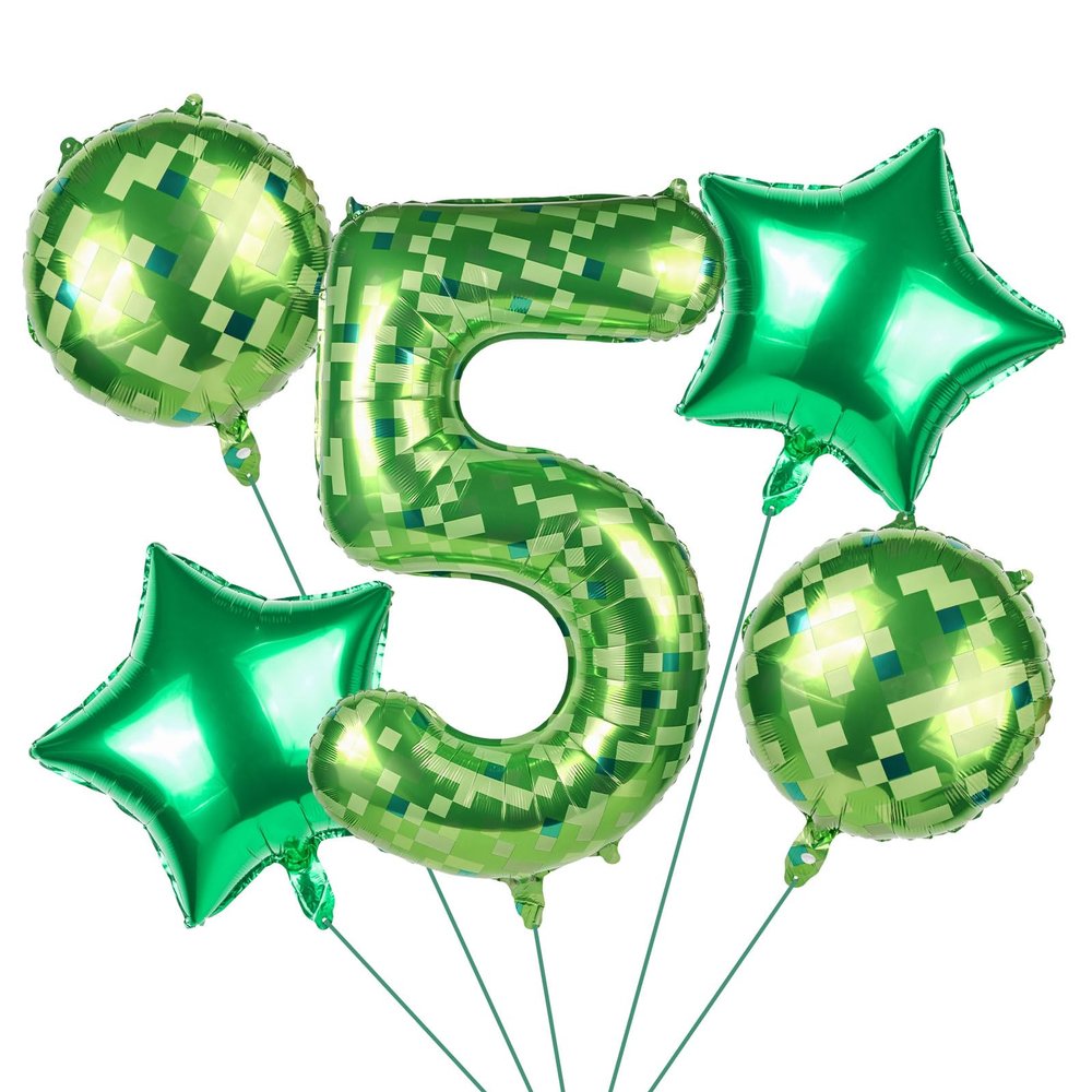 101.6cm/40in Green Pixel Number Balloon, Large Star & Round Shapes Foil Balloon for Boys Girls Kids Game Themed Birthday Party Decorations (Number 5)