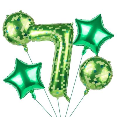 101.6cm/40in Green Pixel Number Balloon, Large Star & Round Shapes Foil Balloon for Boys Girls Kids Game Themed Birthday Party Decorations (Number 7)