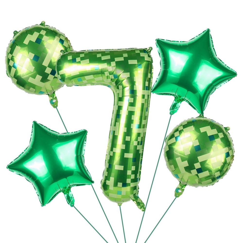 101.6cm/40in Green Pixel Number Balloon, Large Star & Round Shapes Foil Balloon for Boys Girls Kids Game Themed Birthday Party Decorations (Number 7)