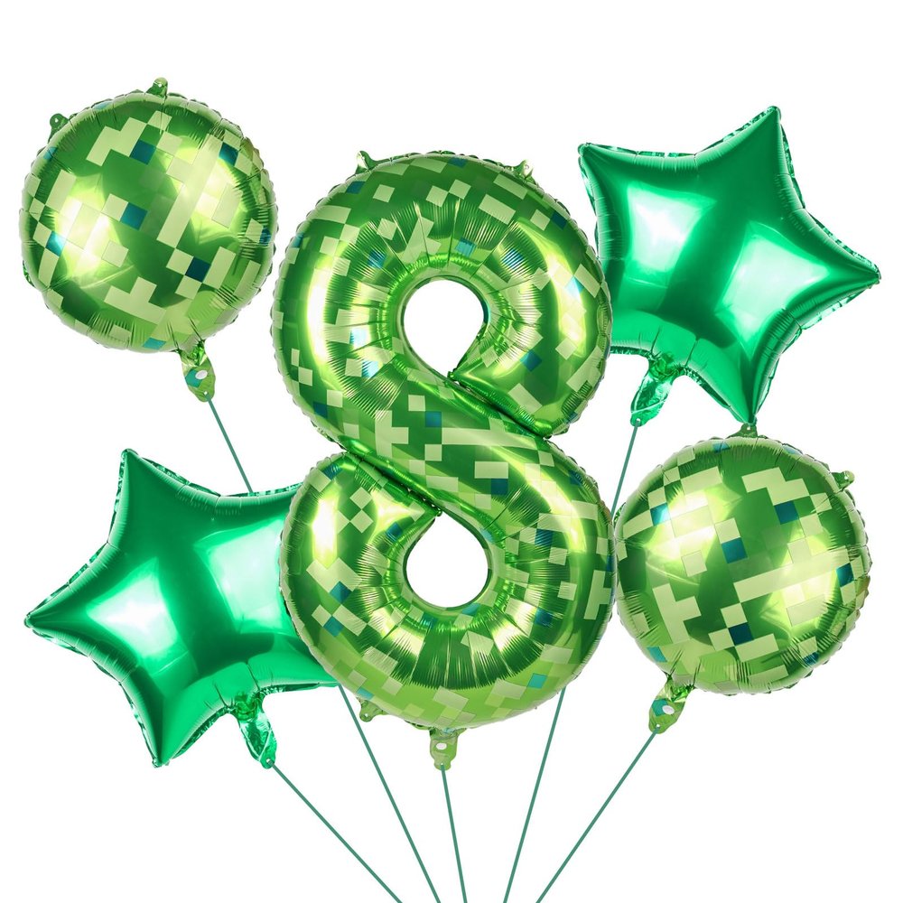 101.6cm/40in Green Pixel Number Balloon, Large Star & Round Shapes Foil Balloon for Boys Girls Kids Game Themed Birthday Party Decorations (Number 8)