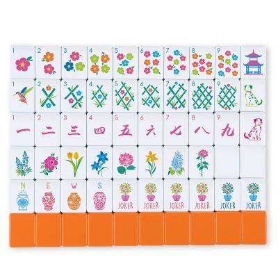 Arrowbash 160 Pcs Floral American Mahjong Set 1.2 Inch Flower Mahjong Tiles Set Orange Back Melamine Hand Carved Pattern for Adult Mah Jong Tabletop Games Mah Jong Lovers Tiles Only(Orange,Stylish)