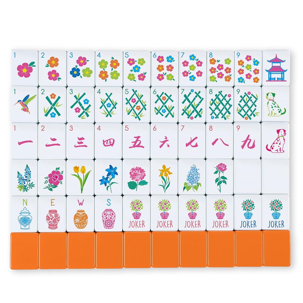 Arrowbash 160 Pcs Floral American Mahjong Set 1.2 Inch Flower Mahjong Tiles Set Orange Back Melamine Hand Carved Pattern for Adult Mah Jong Tabletop Games Mah Jong Lovers Tiles Only(Orange,Stylish)