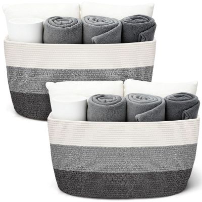 Acellegic 2 Pcs Large Cotton Rope Storage Baskets Rectangle Woven Blanket Basket with Handle 22" x 17" x 12" Baby Laundry Nursery Blanket for Living Room Cushions Toy Dirty Clothes(Gradient Grey)
