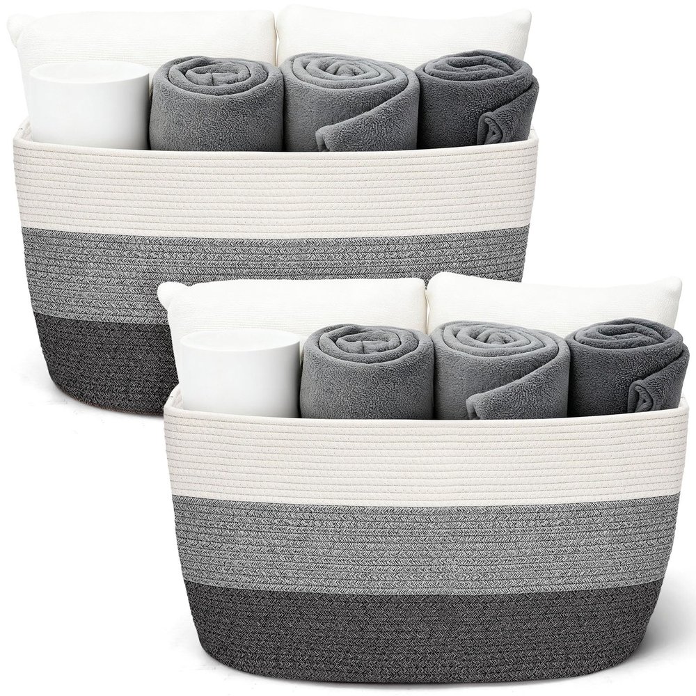 Acellegic 2 Pcs Large Cotton Rope Storage Baskets Rectangle Woven Blanket Basket with Handle 22" x 17" x 12" Baby Laundry Nursery Blanket for Living Room Cushions Toy Dirty Clothes(Gradient Grey)