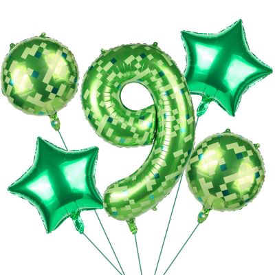 101.6cm/40in Green Pixel Number Balloon, Large Star & Round Shapes Foil Balloon for Boys Girls Kids Game Themed Birthday Party Decorations (Number 9)