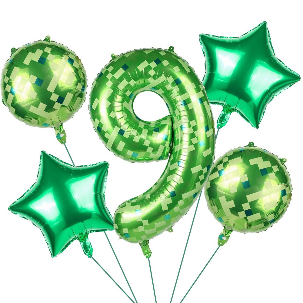 101.6cm/40in Green Pixel Number Balloon, Large Star & Round Shapes Foil Balloon for Boys Girls Kids Game Themed Birthday Party Decorations (Number 9)