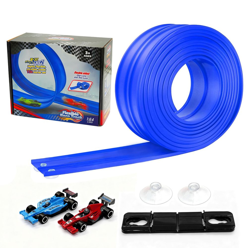 Flexible Race Track for Easter Kids 15 FtMonster Truck Tracks Track with 4 Die-Cast Cars & 8 Suction CupsFlex Track Compatible with Hot Wheels & 1:64 CarsPortable Rolls Up Race Tracks  3+ (Blue)
