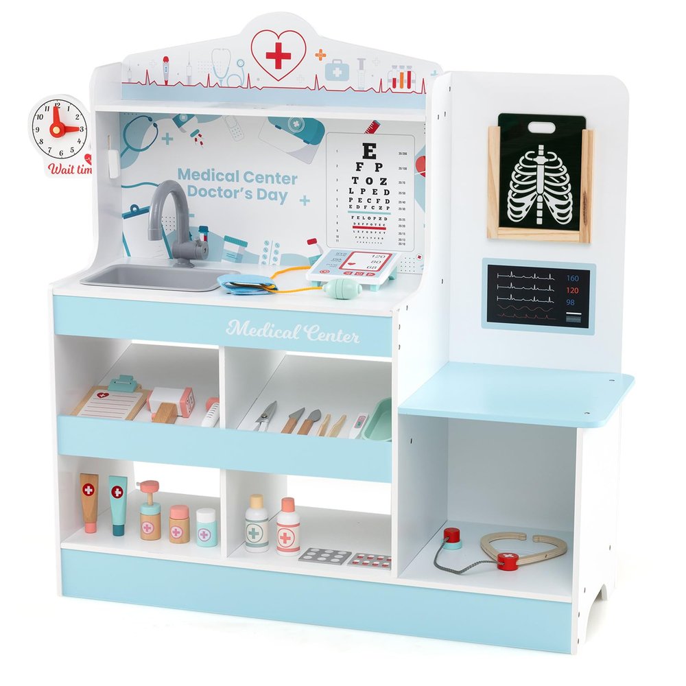 KOTEK Kids Doctor Play Set with 24 PCS Accessories, Wooden Medical Station with Eye Chart, ECG Monitor, X-Ray Film, Pretend Play Hospital Center for Toddlers, Toy Doctor Kit for Girls Boys (Blue)