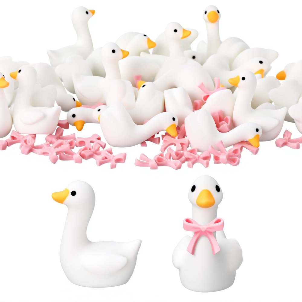 50 Set Mini Gooses Resin Tiny Gooses Figurine with Bows and Glue for Small Desk Goose Gift Decor for Cake Topper, DIY Crafts, Micro Landscape Ornaments, Miniature Geese Animal Statues to Hide(Pink)