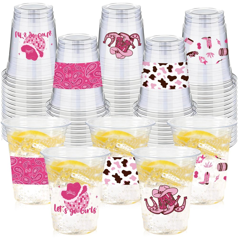 100 Pcs Western Cowgirl Plastic Cups, 12 Oz Pink Disco Cowgirl Plastic Clear Disposable Drinking Cups for Western Party Decoration Cowgirl Birthday Wedding Party Supplies