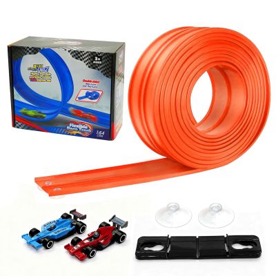 Gearvibe Flexible Race Track for Kids 15 FtMonster Truck Tracks Track with 4 Die-Cast Cars &8 Suction CupsFlex Track Compatible with Hot Wheels & 1:64 CarsPortable Rolls Up Race Tracks 3+ (Orange)