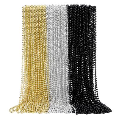SWANUCKY 150 Pcs New Year Beads, 33-Inch Gold Silver Black Plastic Bead Necklace Bulk, Suitable for Party Favors, Festive Decorations, Parade Throws, Christmas and Carnival