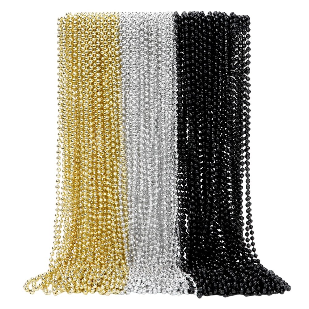SWANUCKY 150 Pcs New Year Beads, 33-Inch Gold Silver Black Plastic Bead Necklace Bulk, Suitable for Party Favors, Festive Decorations, Parade Throws, Christmas and Carnival