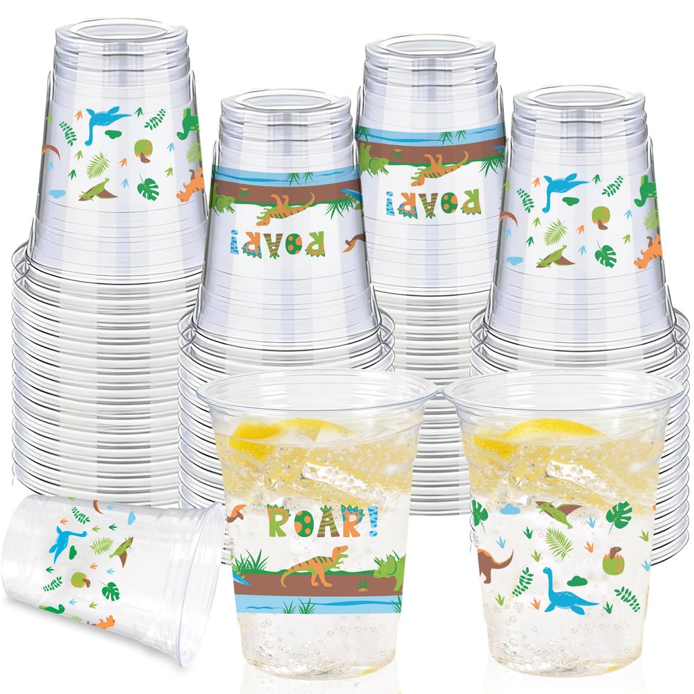 100 Pcs Dinosaur Cups, 12oz Dinosaur Plastic Clear Disposable Drinking Cups Dino Theme Tumbler for Dino Birthday Party Supplies Decorations
