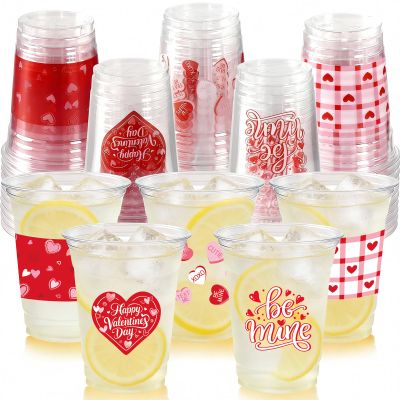 100Pcs Valentine's Day Party Decoration Cups, 12oz Pink Red Valentine's Day Heart Disposable Clear Plastic Cup for Valentines Day Birthday Wedding Drinkware Beverage Drinks Party Decor Supplies