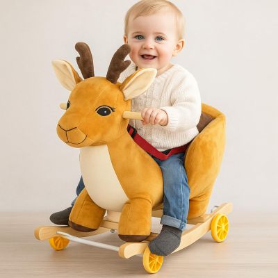 Toddler Rocking Horse Ride-on Toy 2-in-1 Convertible Rocker Pull Cart with Detachable Wheels, Music Player Safety Belt, Early Learning Baby Ride on Birthday Gift for 1-3 Year Old Boys Girls