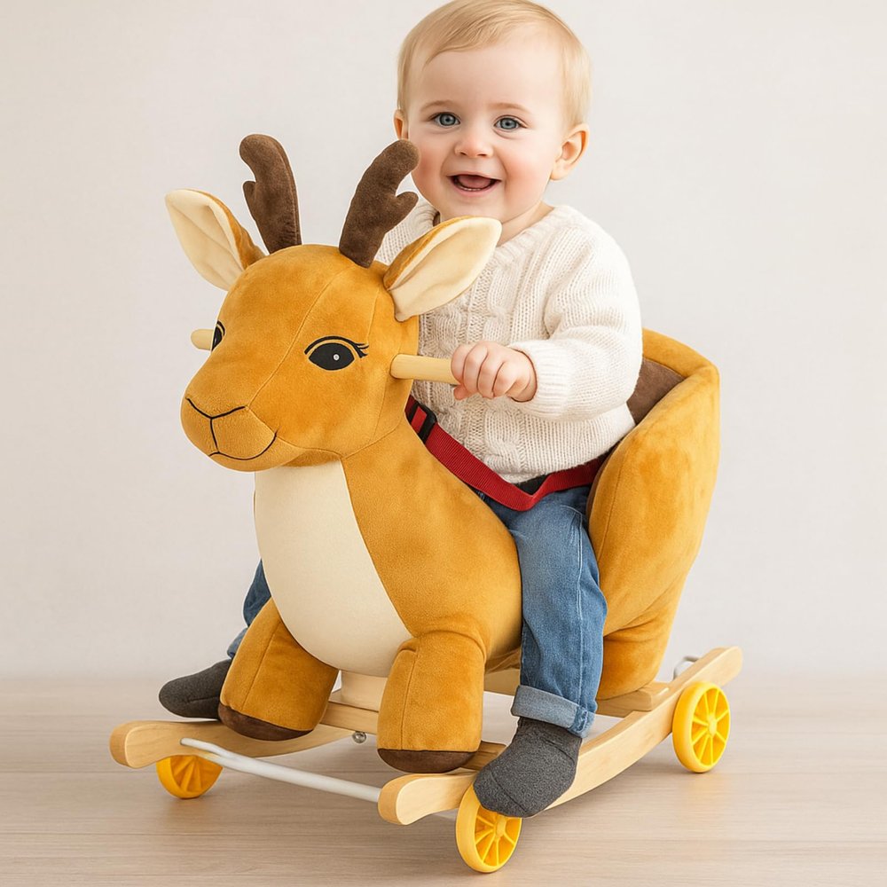 Toddler Rocking Horse Ride-on Toy 2-in-1 Convertible Rocker Pull Cart with Detachable Wheels, Music Player Safety Belt, Early Learning Baby Ride on Birthday Gift for 1-3 Year Old Boys Girls