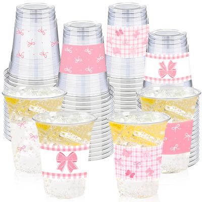 100 Pcs Pink Bow Birthday Decoration Cups,16 oz Coquette Plastic Disposable Drinking Cups for Wedding Birthday Bridal Baby Shower Party Supplies