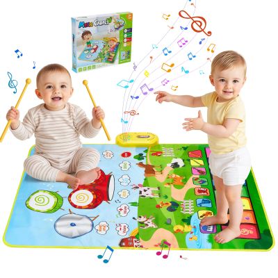 Baby Musical Play Mat,Early Educational 3 in 1 Floor Piano Drum Animal Play Blanket Montessori Sensory Musical Learning Toys,Baby 1-3 Birthday (Green Farm Pattern-35.4"*27.5 ")