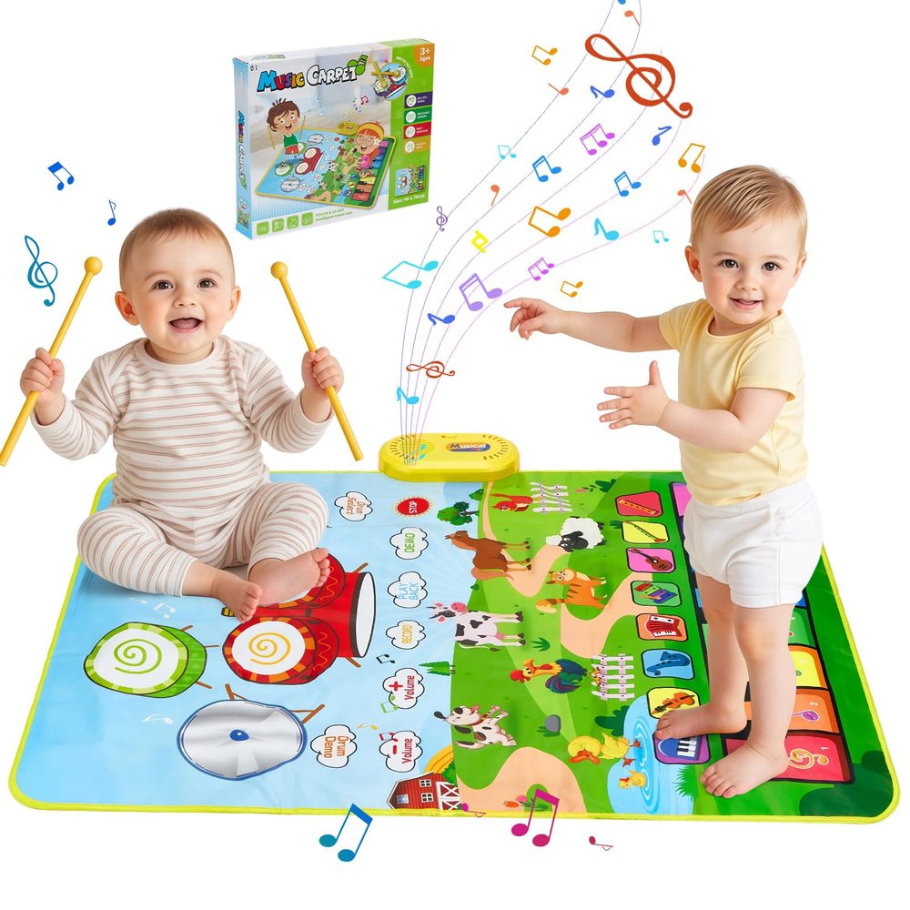 Baby Musical Play Mat,Early Educational 3 in 1 Floor Piano Drum Animal Play Blanket Montessori Sensory Musical Learning Toys,Baby 1-3 Birthday (Green Farm Pattern-35.4"*27.5 ")