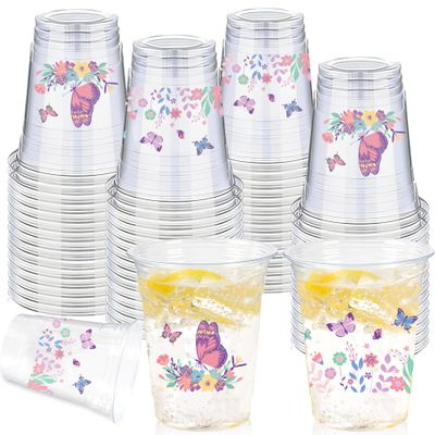 100 Pieces Butterfly Plastic Cups, 12 Oz Butterflies Floral Plastic Clear Disposable Drinking Cups for Spring Summer Party Favor Birthday Wedding Party Supplies