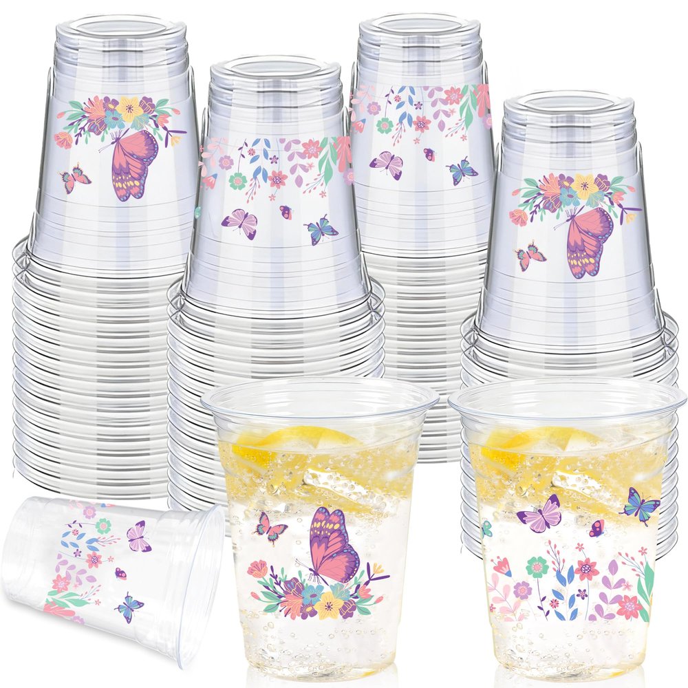 100 Pieces Butterfly Plastic Cups, 12 Oz Butterflies Floral Plastic Clear Disposable Drinking Cups for Spring Summer Party Favor Birthday Wedding Party Supplies