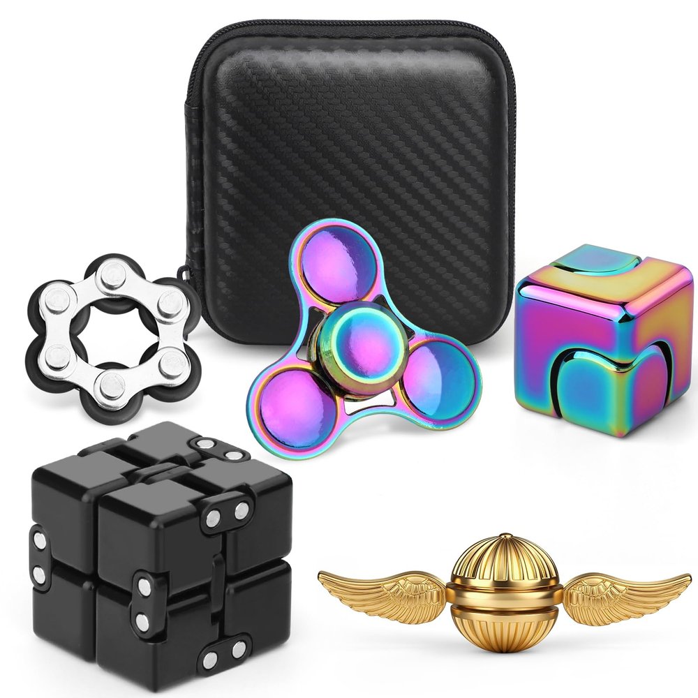 5PCS Fidget Toys Set for Adults, Sensory Pack with Fidget Chain, Infinity Cube, Fidget Spinner Cube, Orb Sphere, Metal Rainbow Spinner, Stress Relief Desk Gadget for Office, Christmas Birthday Gift