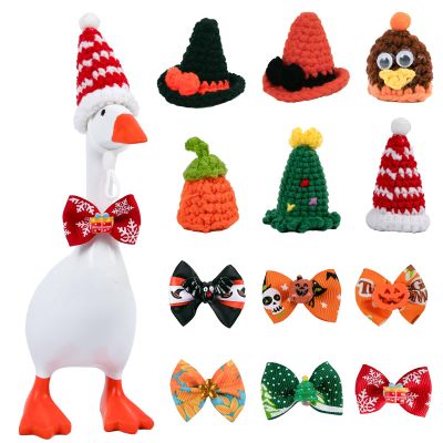 6 Set Holiday Desk Goose Outfits 7 inches Mini Goose Clothes Mini Knitting Hat & Bow Tie, Christmas, Halloween All Seasons Magnetic Desktop Goose Outfit, Decor Accessories for Desk Goose or Duck