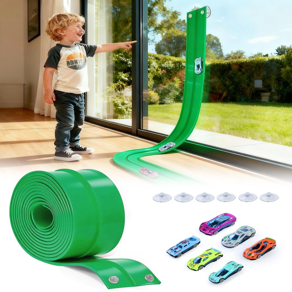 MATELOTI Flex Track 15 Ft Flex Race Car Track with 6 Toy Cars, Portable DIY Racetrack Compatible Diecast 1/64th Cars for Ages 3 Up with Suction Cups, Birthday Gifts for Boys(Green)