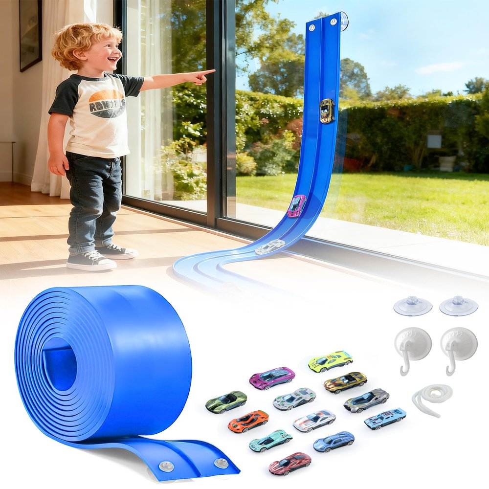 15 Ft Flexible Car Tracks for Kids Age 3 Up, Race Track with 12 Toy Cars, Hot Wheels Flex Track Compatible Diecast 1/64 Cars with Suction Cups, Birthday for Boys (Dark Blue)