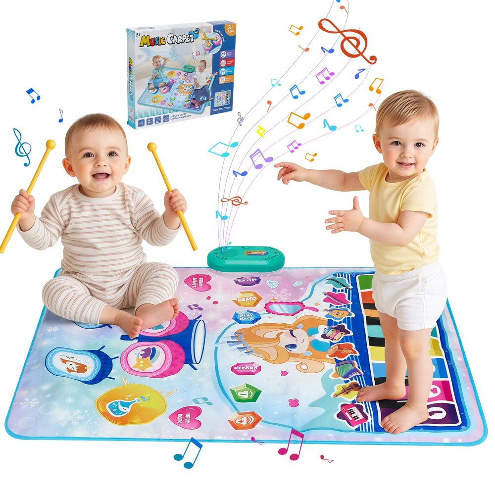 Baby Musical Play Mat,Early Educational 3 in 1 Floor Piano Drum Animal Play Blanket Montessori Sensory Musical Learning Toys,Baby 1-3 Birthday (Blue Princess Pattern-35.4"*27.5 ")