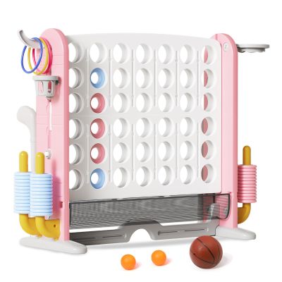 Giant 4 in-A-Row Connect Game Set, Adjustable Height Jumbo Yard Game with Basketball Hoop, Golf, Mesh Pocket & Ring Toss, Indoor Outdoor Family Backyard Party Game for Kids and Adults, Pink-White