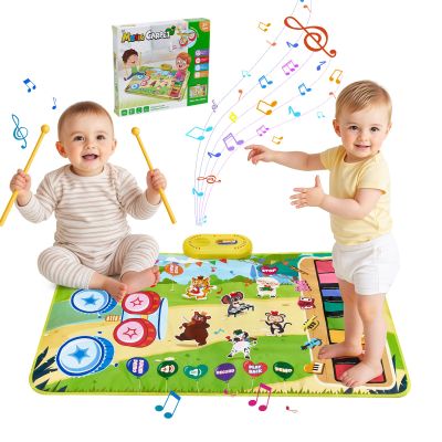 Baby Musical Play Mat,Early Educational 3 in 1 Floor Piano Drum Animal Touch 31.5"*19.6 " Play Blanket Montessori Sensory Musical Learning Toys,Baby Birthday (Forest Pattern)