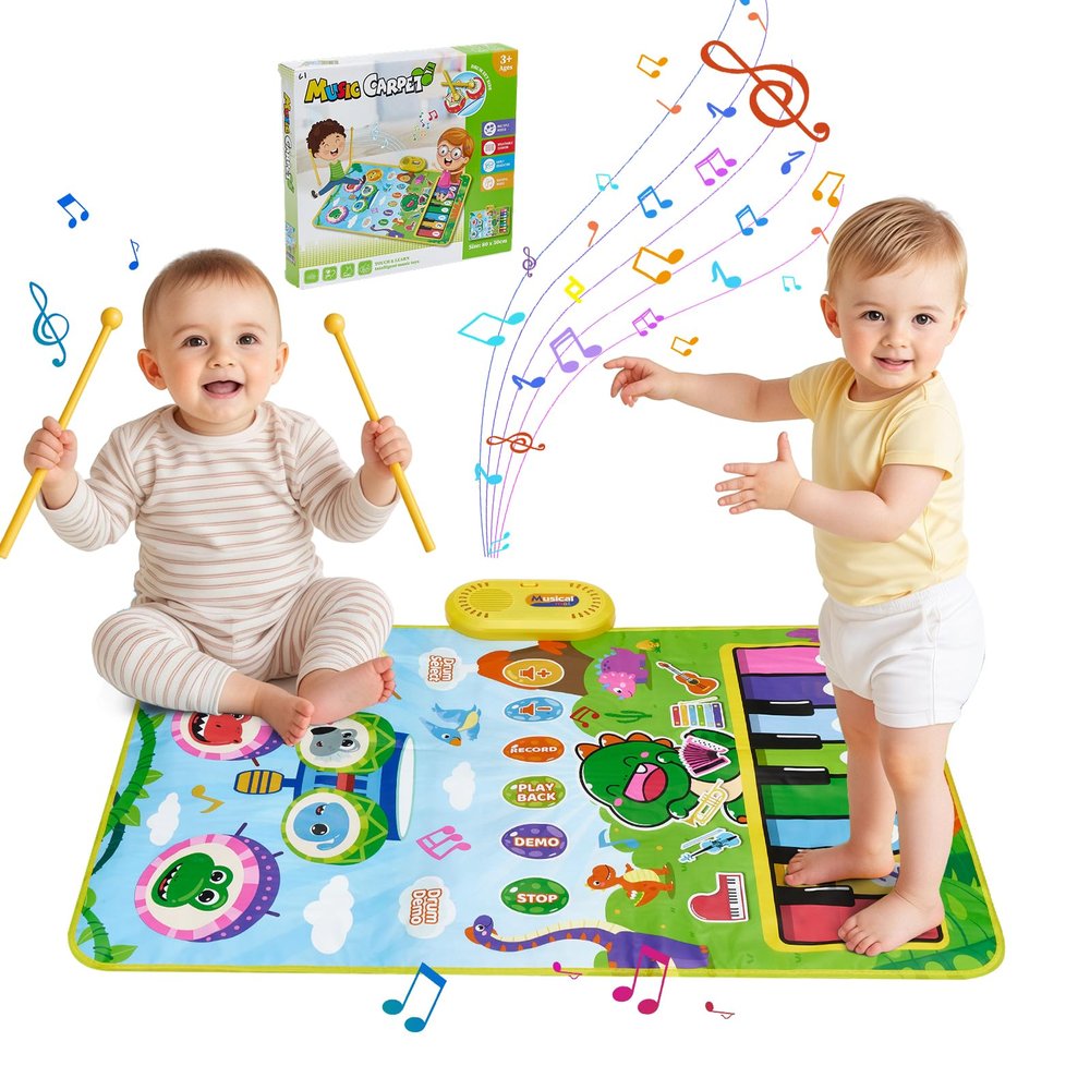 Baby Musical Play Mat,Early Educational 3 in 1 Floor Piano Drum Animal Touch 31.5"*19.6 " Play Blanket Montessori Sensory Musical Learning Toys,Baby Birthday (Green Dinosaur)