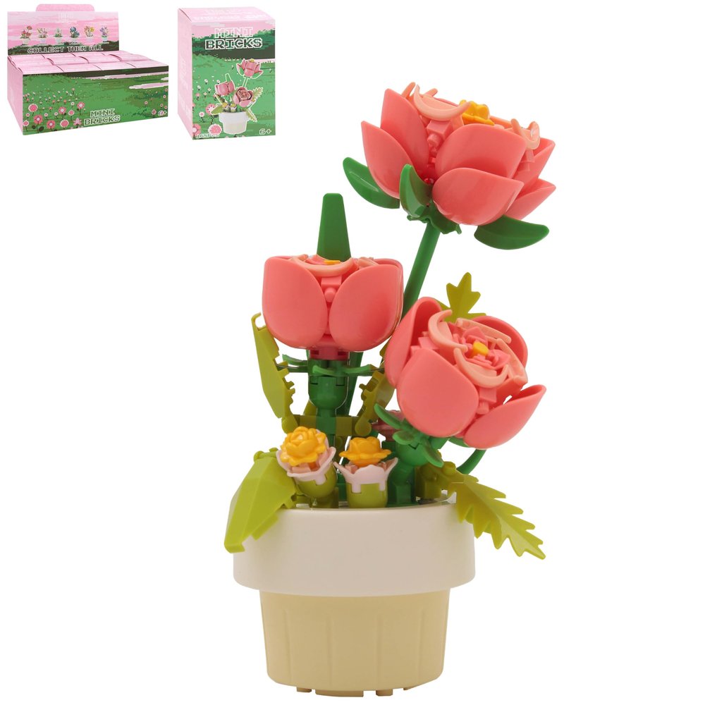 Lesser & Pavey Christmas Mini Bricks Pink Roses Building Blocks for Home & Office | Artificial Flowers Mini Pots for Decor | Micro Bricks Sets for Adults & Kids | Lovely Gift for Women & Men