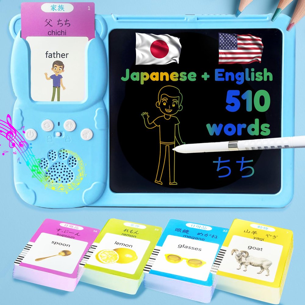 MoLingvora Writing Tablet with Bilingual Flash Cards for Kid, Japanese Blue