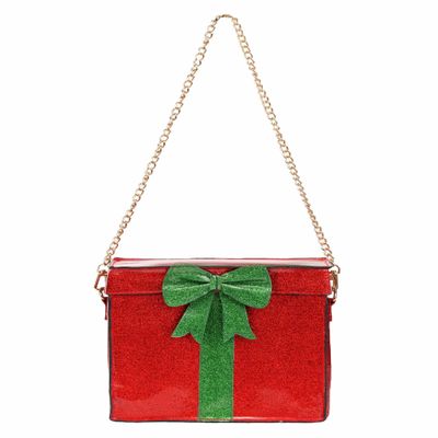 Red and Green Wrapped Present Holiday Costume Purse | Christmas Gift Box Bag with Bow for Festive Outfits Standard