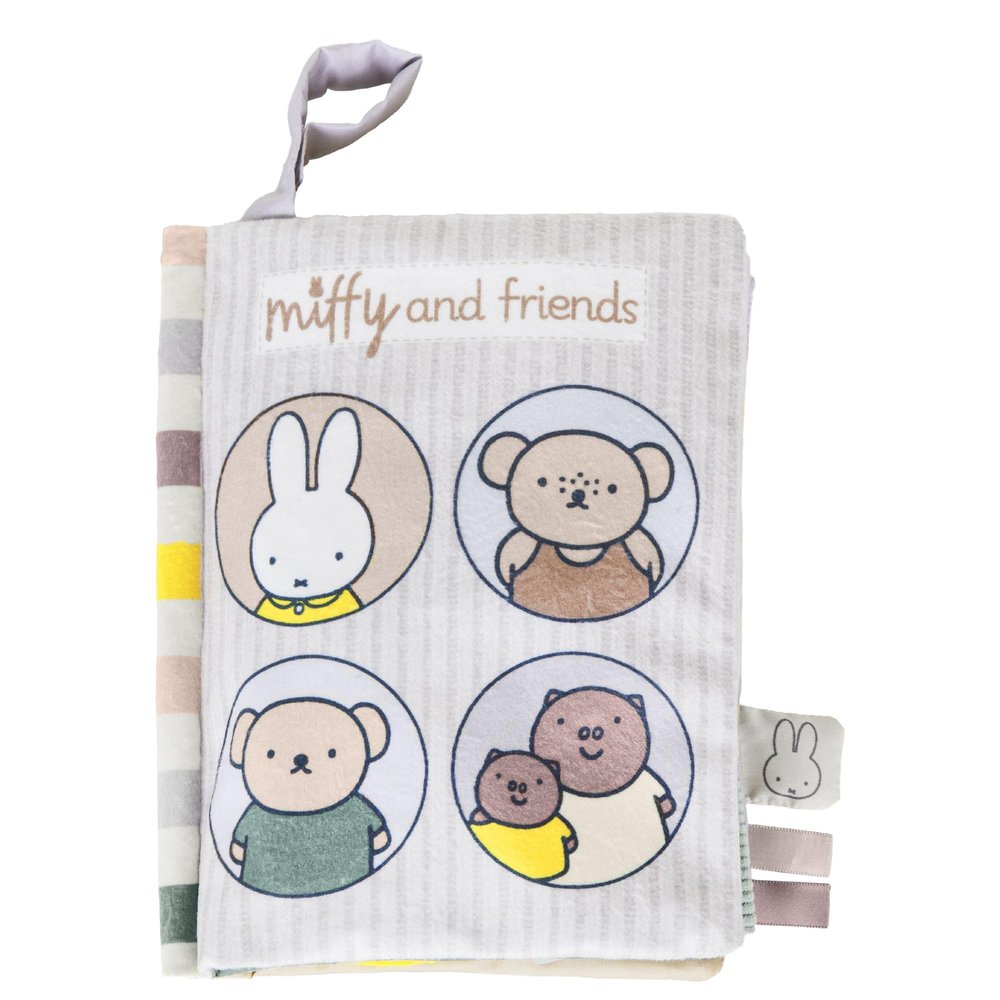 Kids Preferred Miffy Baby Deluxe Soft Book - Two Pancake Plush Characters, Crinkle, Squeaker, Tactile Slide Ribbon, Peekaboo Flaps, Hanging Loop, 8 in