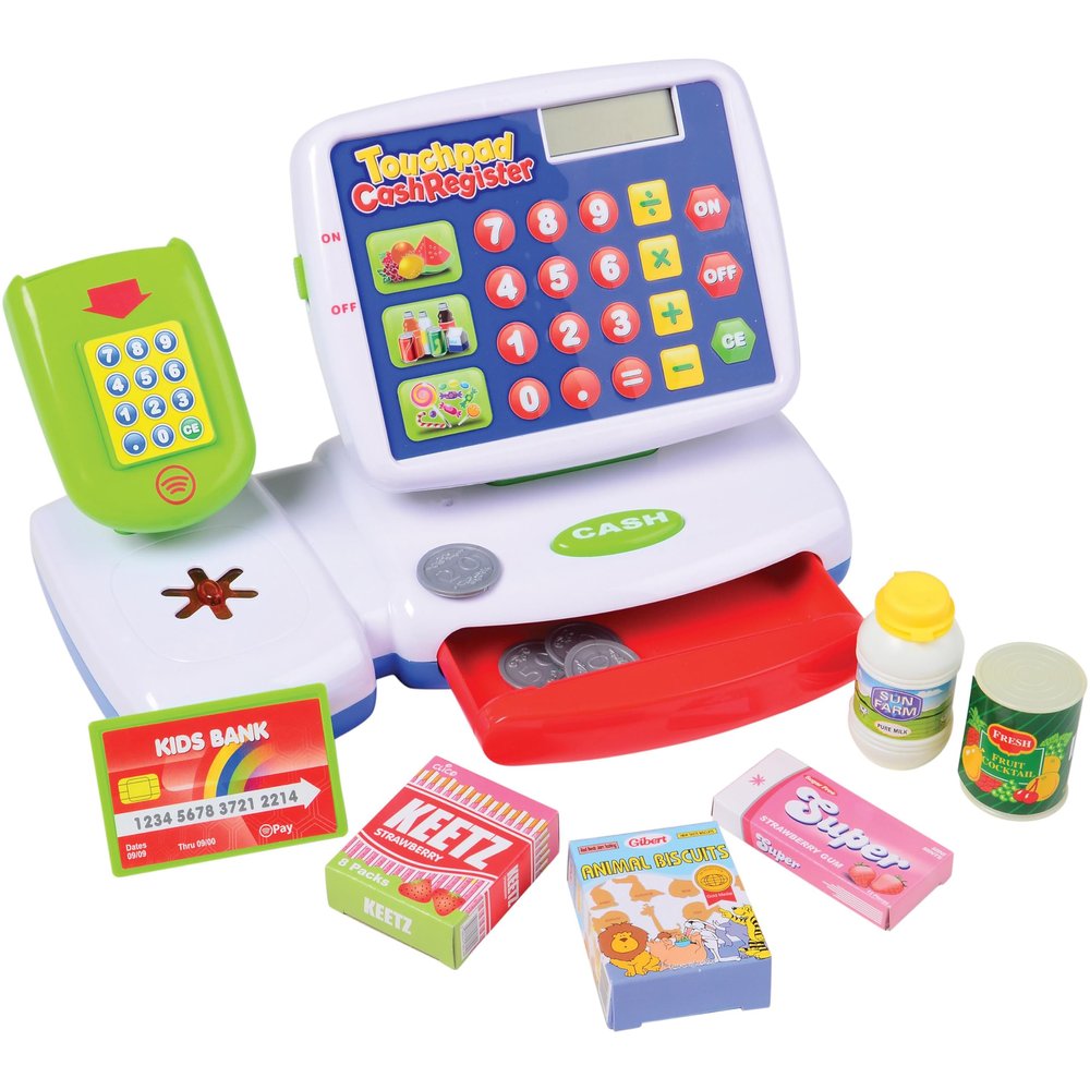 Constructive Playthings Touchpad Cash Register with Calculator  Pretend Play Grocery Set for Math Skills & Early Childhood Education
